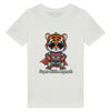 T-shirt enfant bio personnalisable avec un super dessin de tigre, idéal pour les petits aventuriers. Personnalisation disponible pour un cadeau unique et original